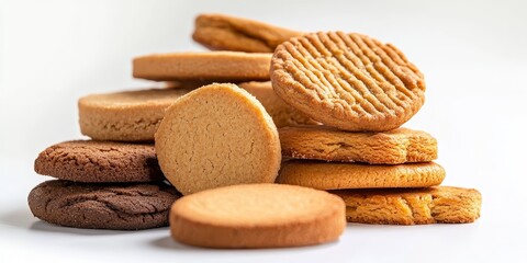Close up of assorted ginger biscuits presented against a white background in a studio setting, showcasing the diverse forms of ginger biscuits in a visually appealing arrangement.