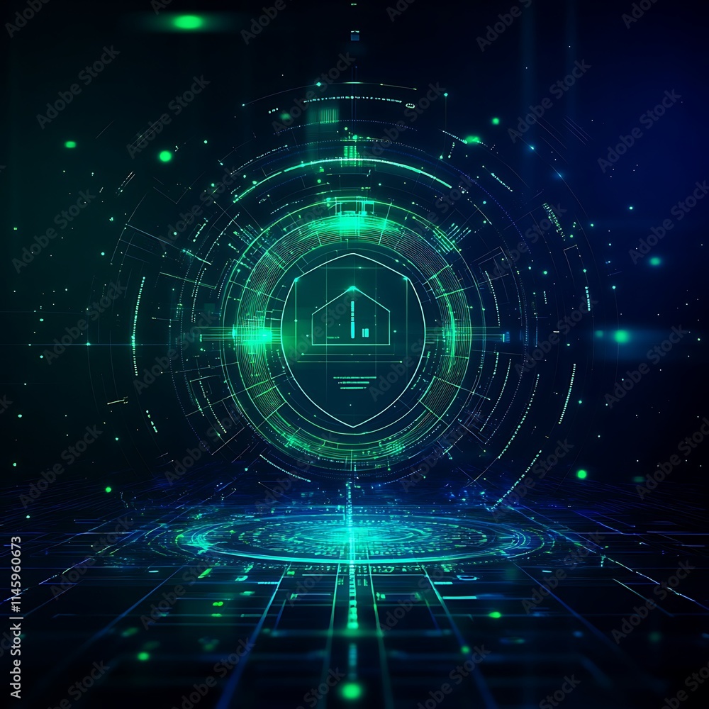 Poster futuristic cyber security concept with data protection shield and digital interface elements