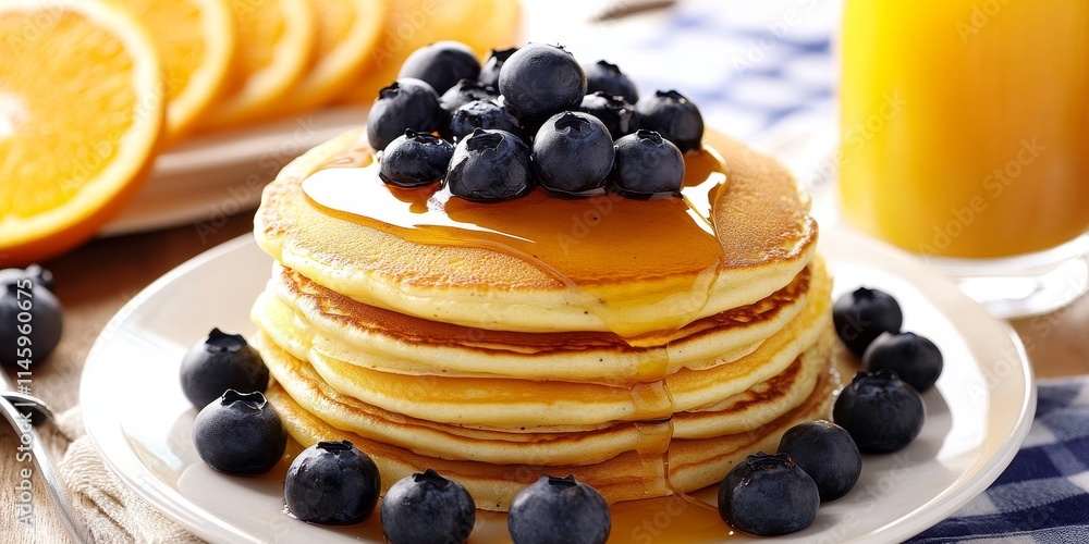 Poster delicious pancake stack featuring fresh blueberries and a side of orange juice, creating a perfect b