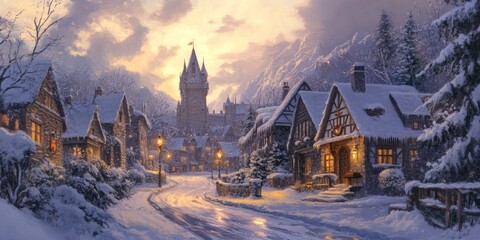 Fototapeta premium Winter scene featuring a scenic view of a castle and a charming street, capturing the beauty and tranquility of winter. The winter landscape enhances the castle and street s captivating allure.