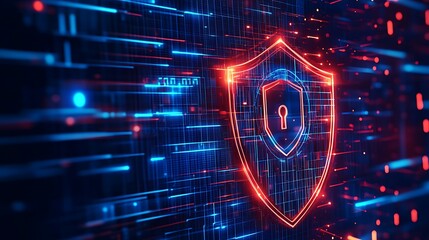 Futuristic Cyber Security Concept with Shield and Lock in Digital Environment with Neon Lights and Data
