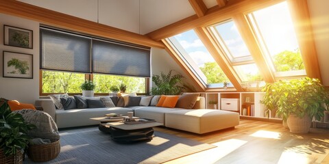 Modern attic roof featuring solar panels, skylights, and blinds designed for sun protection and enhancing house energy efficiency, emphasizing the role of the attic roof in sustainable living.
