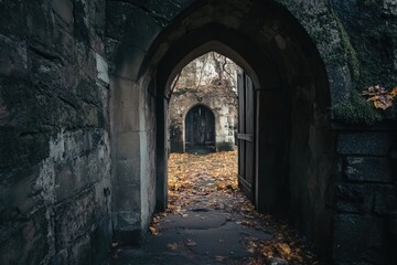 Obraz premium Archway in a stone building with leaves on the ground, ideal for use as a background or architectural image