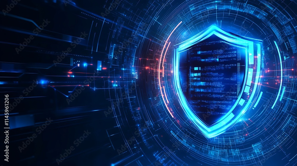 Aufkleber futuristic cybersecurity shield concept with digital data streams and glowing blue visual effects