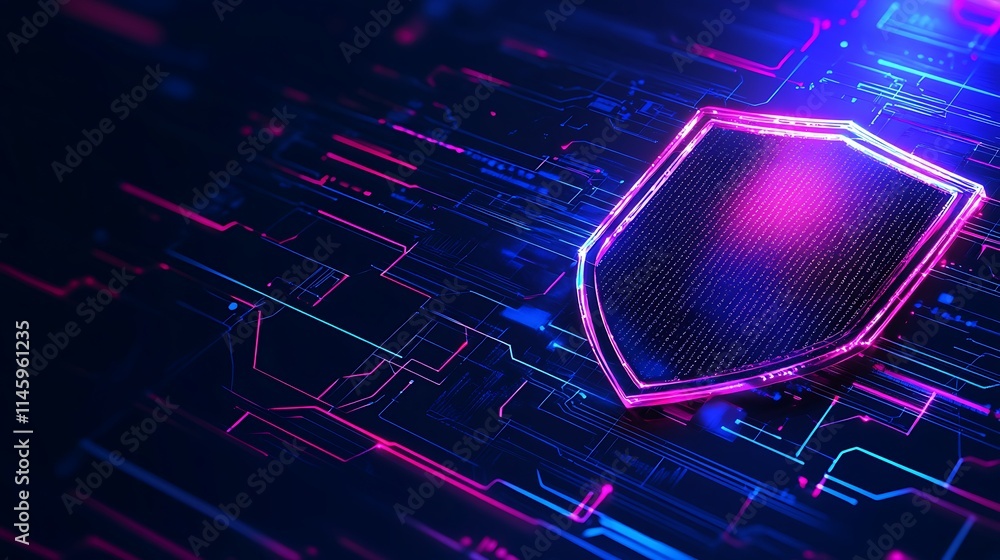 Poster futuristic cybersecurity shield on abstract digital circuit background in neon colors