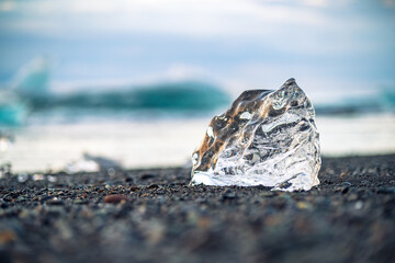 Diamond Beach at sunset near Jokulsarlon Glacier Lagoon, Iceland