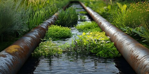 Aquatic vegetation flourishing within a water channel formed by metal piping. These plants thrive in the unique environment provided by the metallic structure of the pipe.