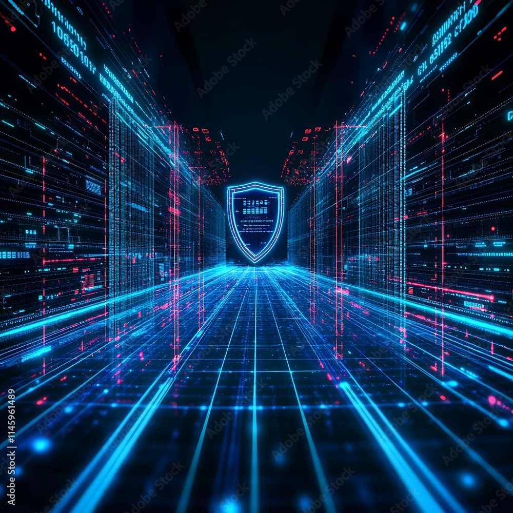 Poster futuristic data center corridor with neon lights and cybersecurity elements in a high-tech environme