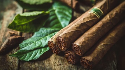 Premium Cuban Cigars Resting on Tobacco Leaves