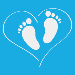 Simple Baby Footprints with A Heart Outline Design Vector, Blue Color