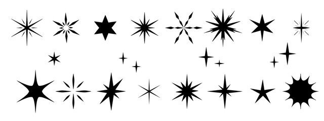 Stars and sparkle set. Blinking stars and sparks. Glint glitter collection. Shining twinkle sunburst shapes icon. Different stars silhouettes for posters, banner, brochure, leaflet. Vector isolated on