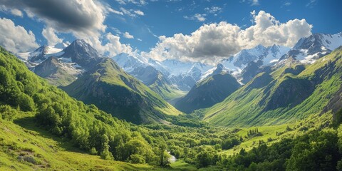 Naklejka premium Scenic view of a valley surrounded by majestic mountains, highlighting the natural beauty of the Caucasus landscape, showcasing the stunning features of the valley and mountains in harmony.