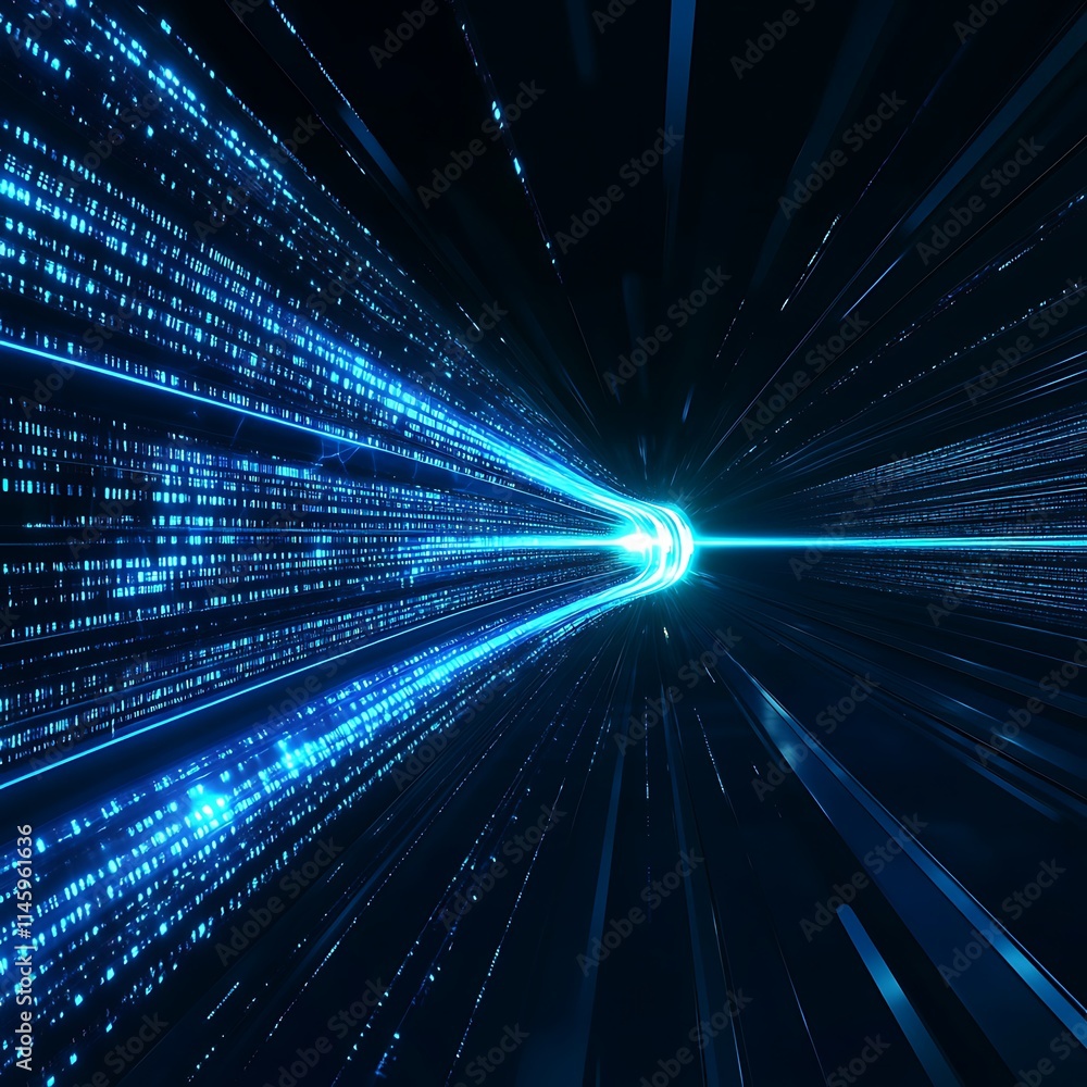 Poster futuristic data stream with blue light rays and glowing lines flowing through digital space
