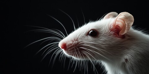 Close up of a white rat on a black background, showcasing the unique features and textures of the white rat in a studio setting, emphasizing the striking contrast of the white rat s appearance.