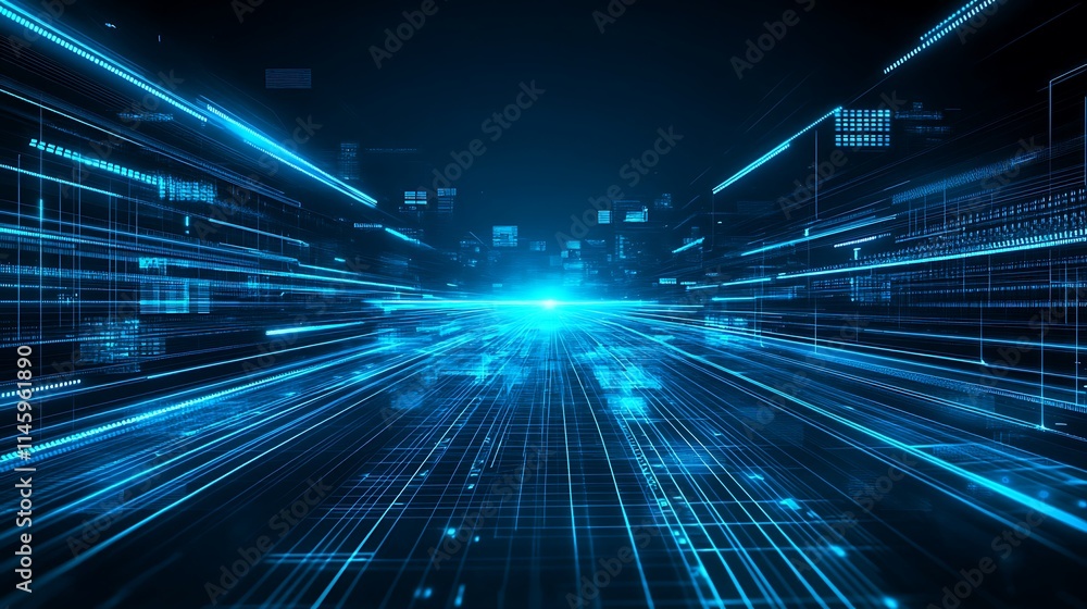 Poster futuristic digital background with blue light effects and dynamic data streams in motion
