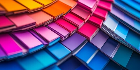 Fototapeta premium Sample color catalogue showcasing a variety of Pantone colors and detailed colour swatches book for design inspiration and selection of vibrant hues. Explore the colour swatches for creative projects.