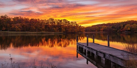 Stunning autumn sunset at a serene waterfront pier, showcasing the beauty of autumn sunset hues reflected on the water, creating a picturesque scene filled with autumn sunset charm.