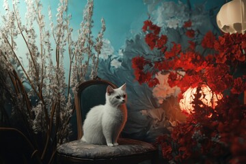 A white cat sits atop a chair