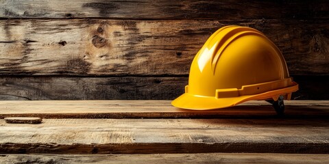 Construction concept featuring a building helmet placed on a wooden board, emphasizing safety and professionalism in the construction industry. The building helmet symbolizes vital protection.