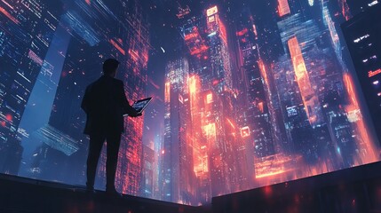 Obraz premium Digital technologies enable data sharing and global business expansion. A businessman utilizes a digital tablet in a futuristic cityscape, fostering online marketing, data transfer,