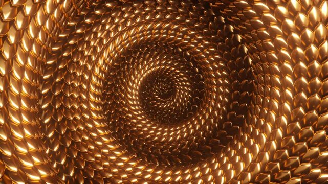 Abstract background with tangled golden snakes, shiny metallic dragon scales texture.	