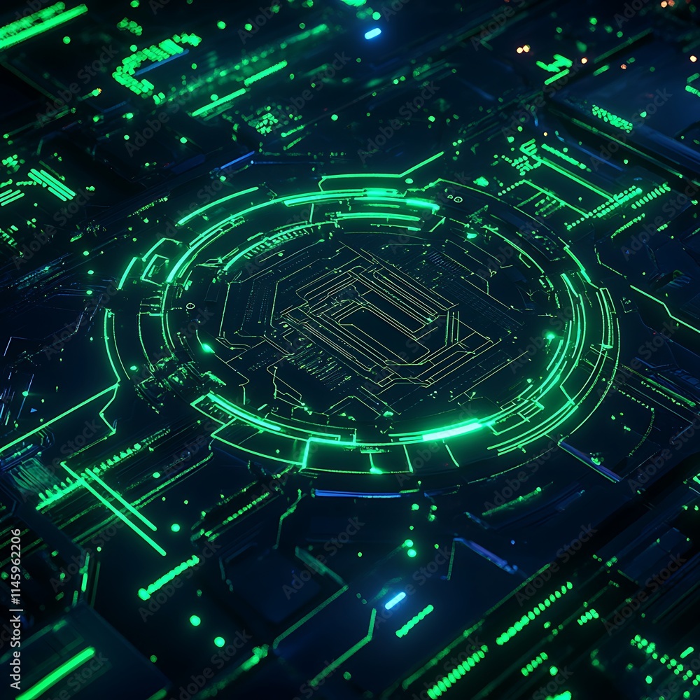 Aufkleber futuristic digital circuit board with neon green lights and complex patterns in dark background