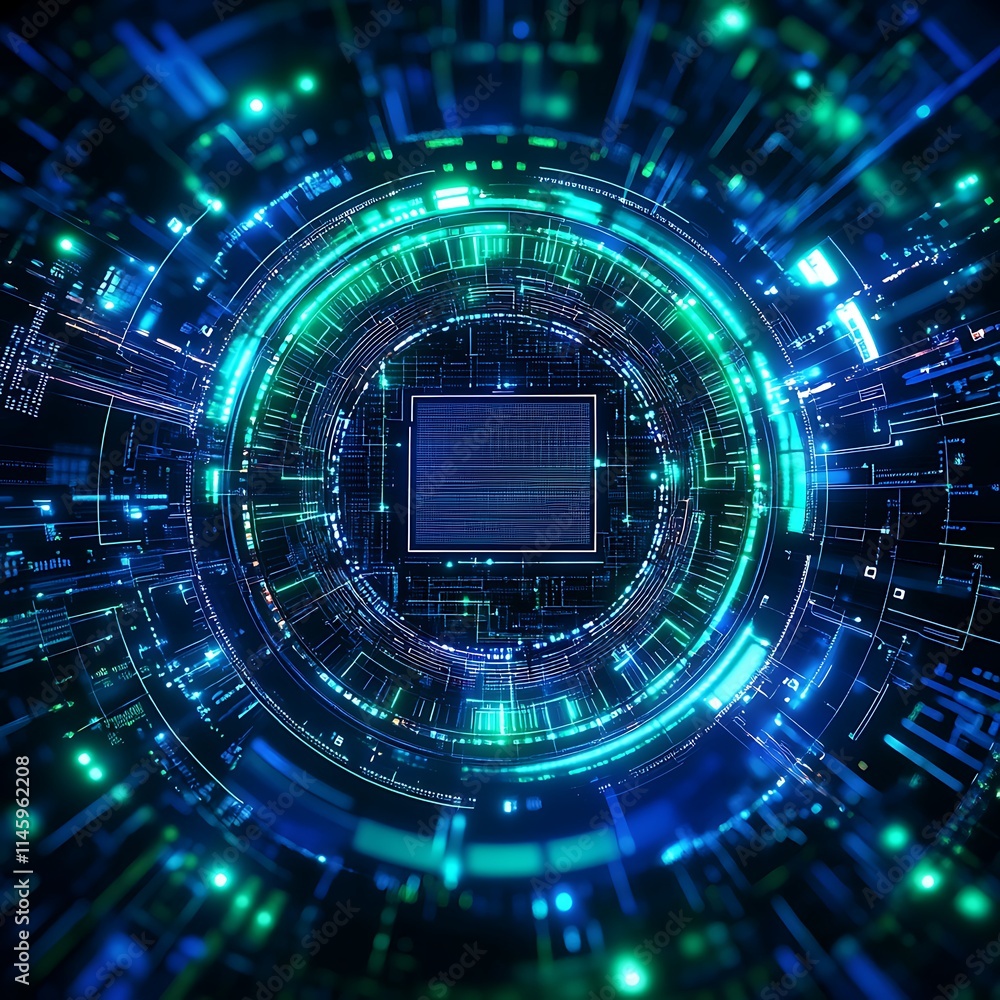 Poster futuristic digital circuit design with abstract lines and glowing lights in a technology concept bac