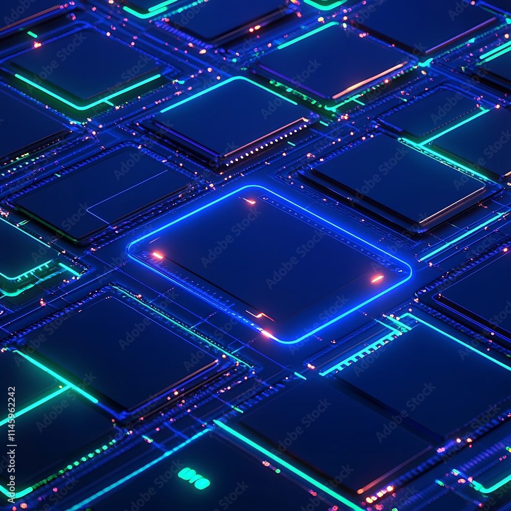 Poster futuristic digital circuit board with neon lights and microprocessors in abstract technology backgro