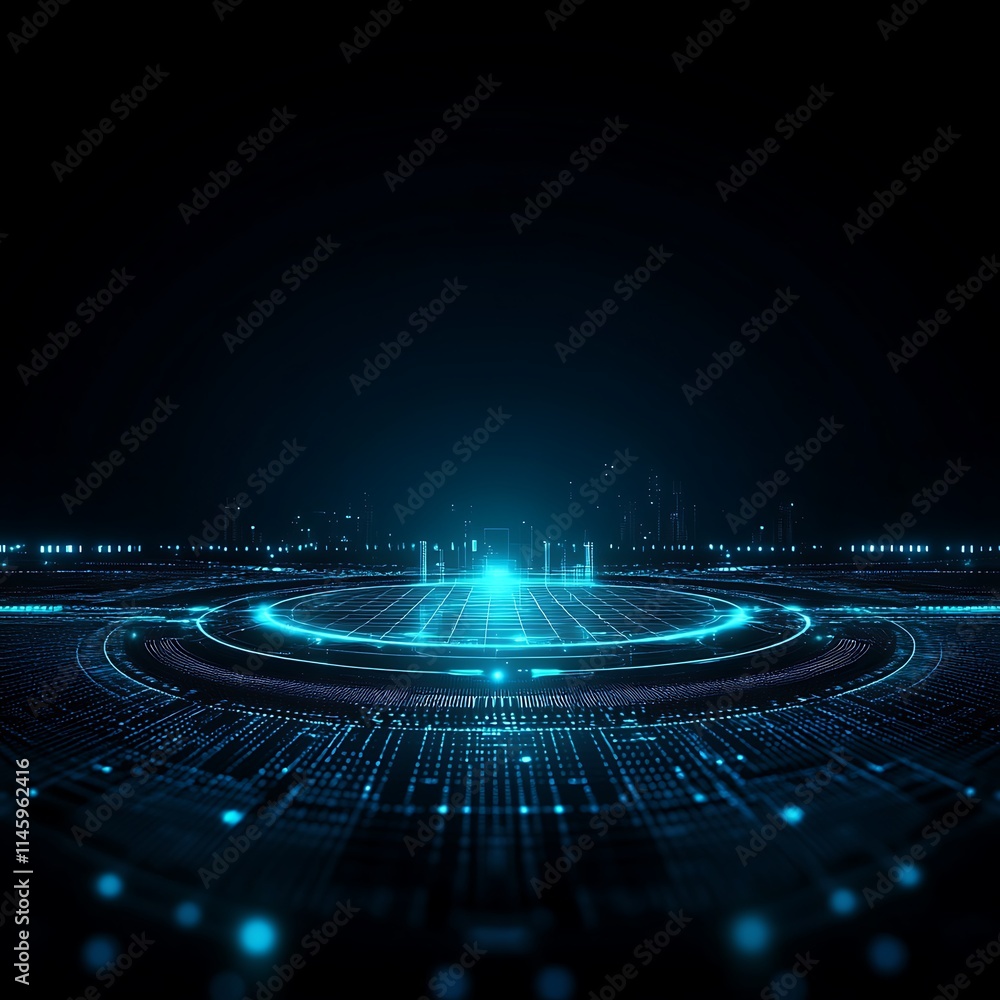 Poster futuristic digital interface with blue glowing lights and data flowing in a high-tech environment