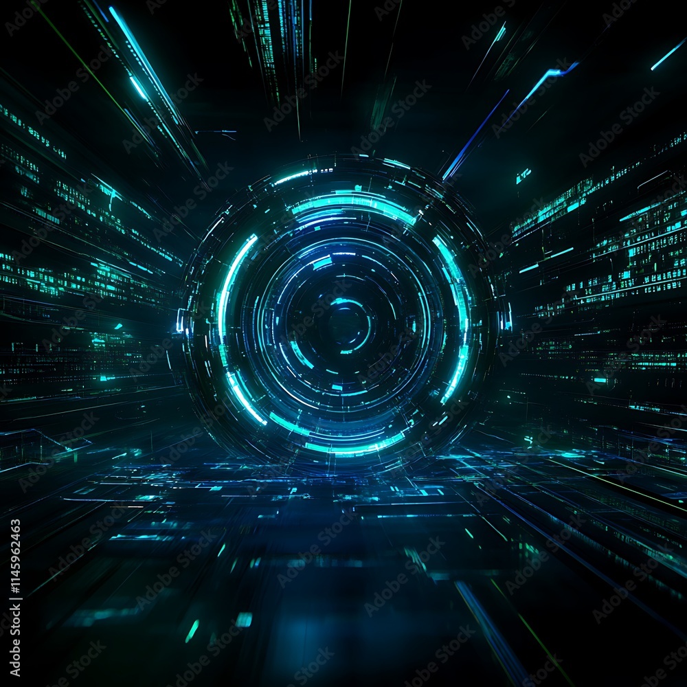 Poster futuristic digital interface with circular tech element and vibrant blue and green neon light effect