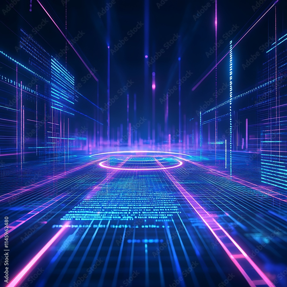 Poster futuristic digital interface with bright neon lines and abstract data patterns in a virtual environm