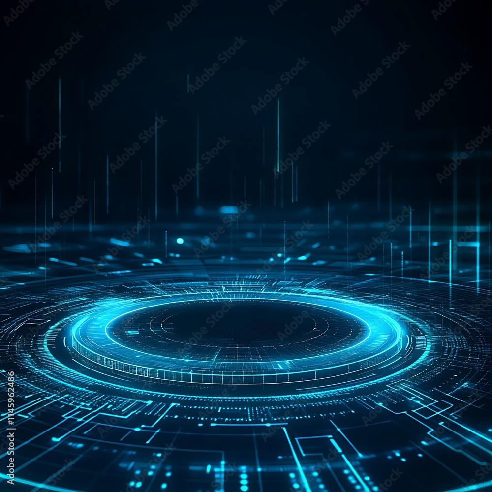 Poster futuristic digital interface with glowing circular patterns and data streams on dark background