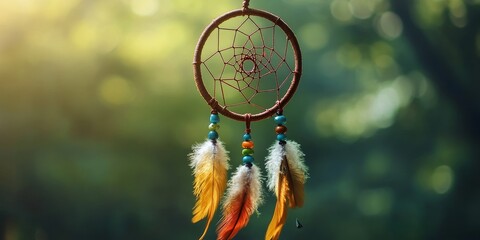 Handmade dream catcher featuring feathers, threads, and beads, beautifully crafted with rope hanging elements. This dream catcher is an artistic expression of tradition and creativity in design.