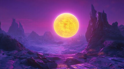 Ethereal energy sphere pulsates with vibrant yellow and purple hues, casting ethereal trails of light upon an intricate futuristic landscape. 