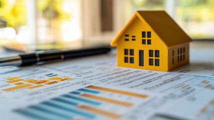 A miniature yellow house sits on financial documents, symbolizing real estate investment and market analysis.