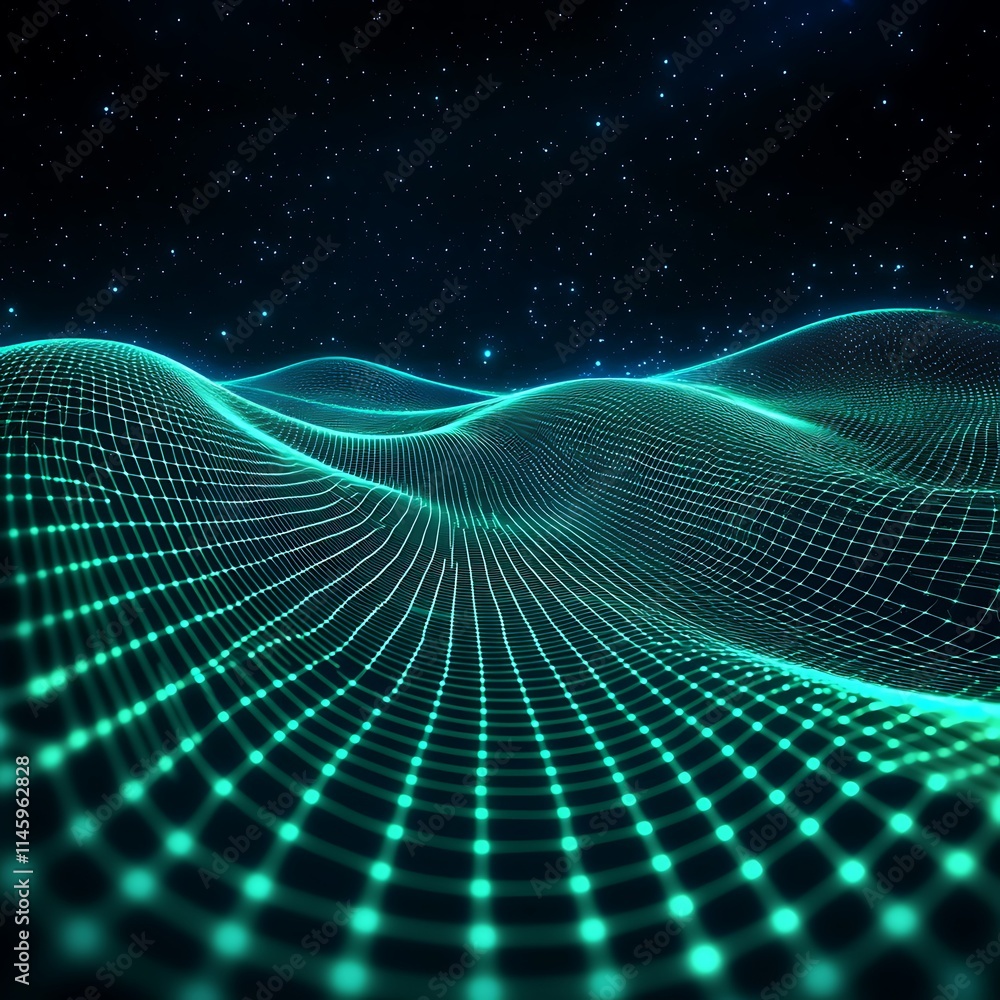 Poster futuristic digital landscape with glowing grid patterns in a cosmic starry background
