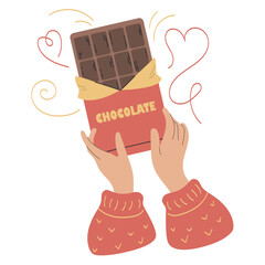 Chocolate bar in hands, adorable vector illustration of hands holding an open chocolate bar in a red wrapper surrounded by heart-shaped doodles and swirls, modern flat style in warm colors