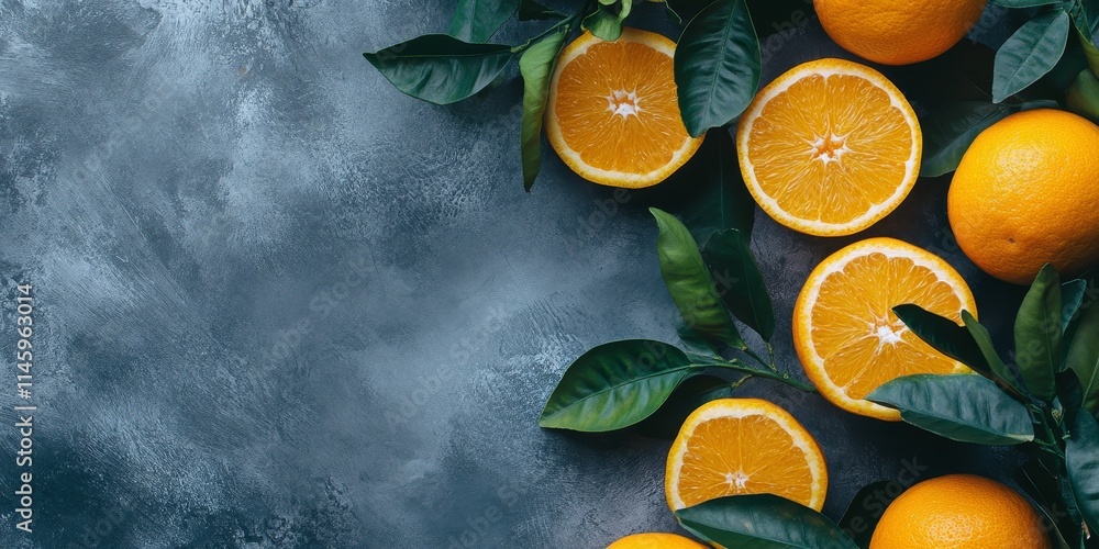 Poster ripe oranges arranged with leaves on a grey table create a colorful scene, providing ample space for