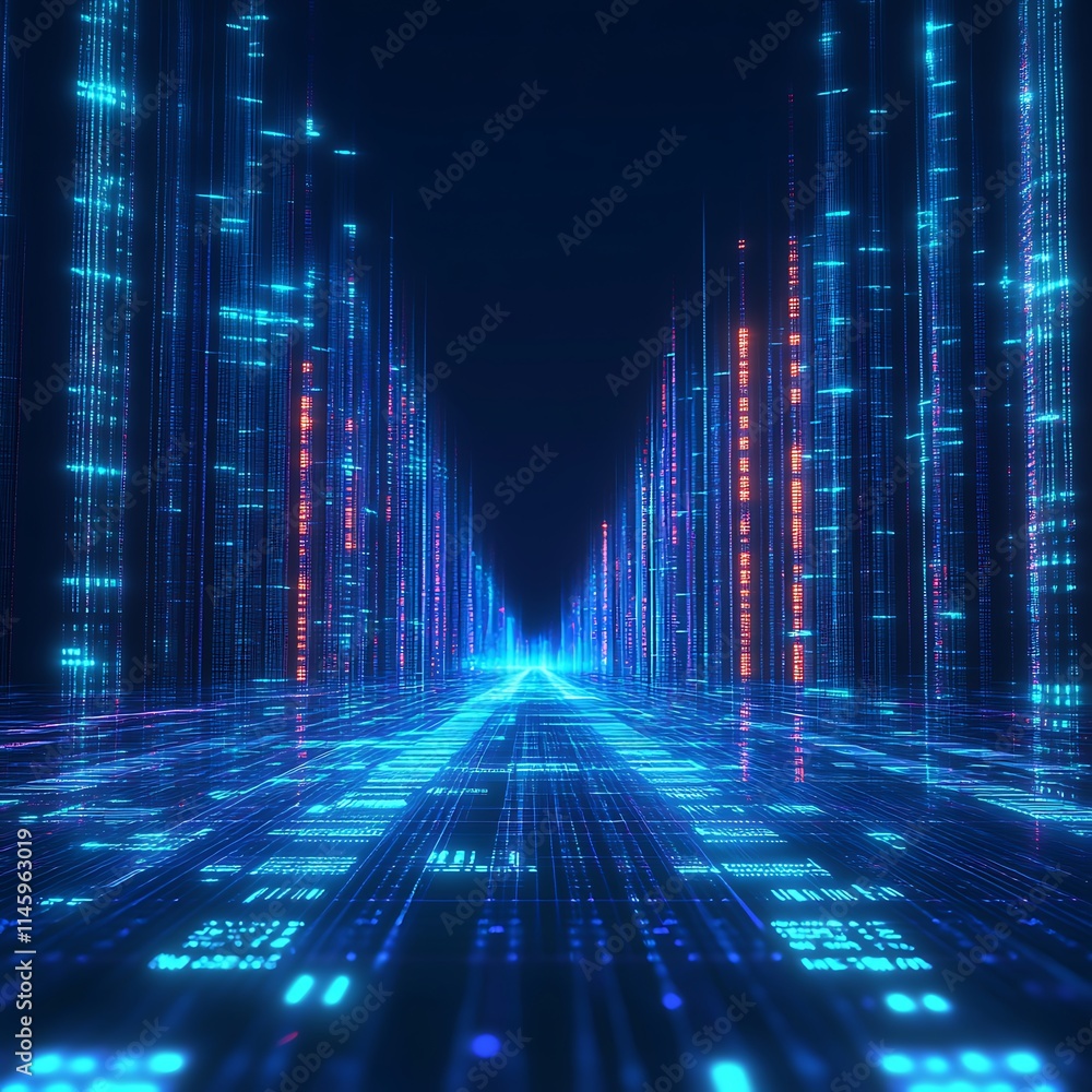 Poster futuristic digital landscape with glowing lines and data streams in dark environment