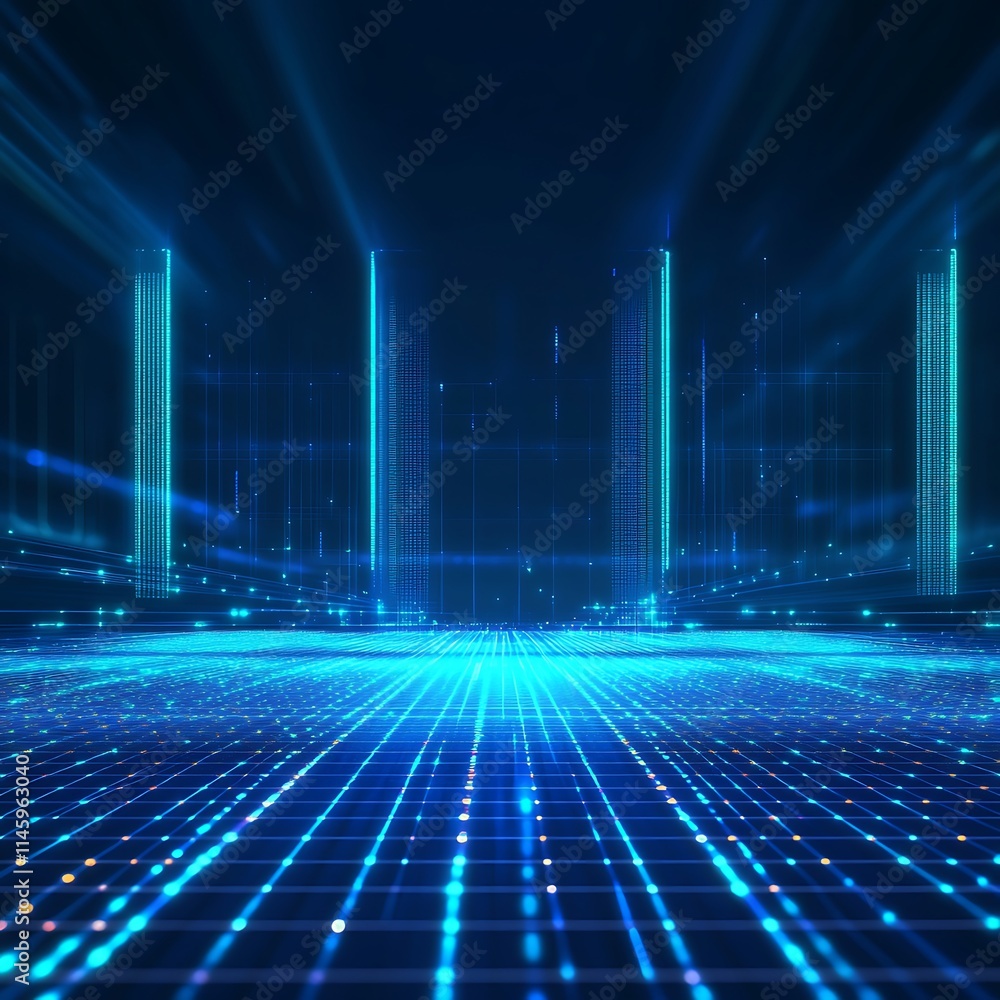 Poster futuristic digital landscape with glowing lines and grid patterns in a blue high-tech environment