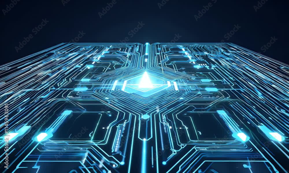Poster a futuristic digital circuit board glowing with blue light, representing advanced technology, data f