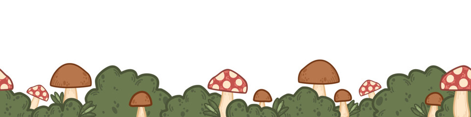 Vector forest border with mushrooms and foliage. Seamless horizontal pattern. Minimalistic toadstools among lush green bushes in simple cartoon style. Perfect for nature, woodland, fairytale designs