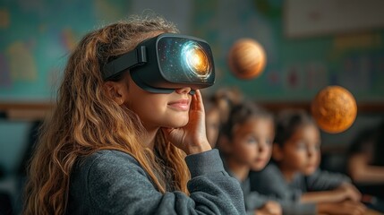 A Young Girl Experiences Virtual Reality in Class
