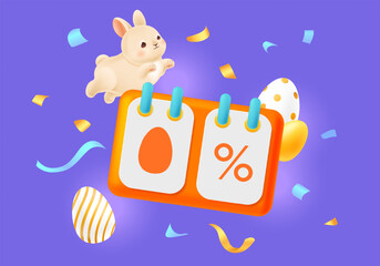 Spring Easter sale special offer with 3D bunny, ring calendar and eggs. Template for social networks, greeting card, web ads. Holiday design with percent for online shopping cover. Vector illustration