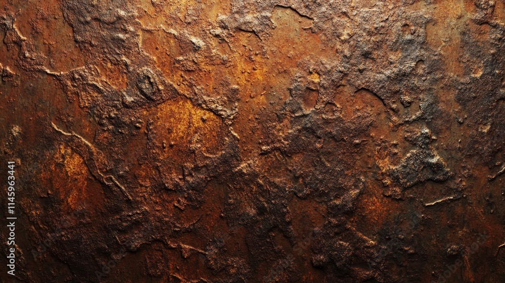 Poster close up view of a rusty surface showcasing intricate metal texture, highlighting the distinctive fe
