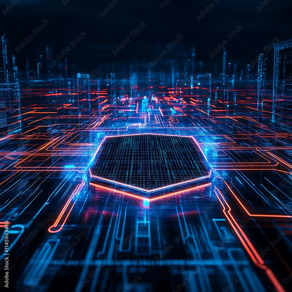Poster futuristic digital network with glowing circuitry and data streams in neon colors
