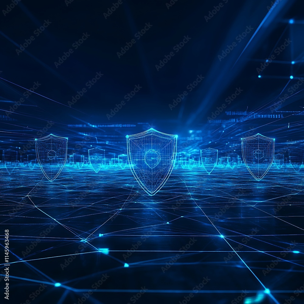 Poster futuristic digital security concept featuring shield symbols in a high-tech cyber environment