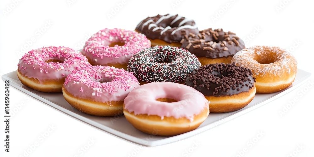 Poster doughnuts arranged on a plate against an isolated white background create a visually appealing displ