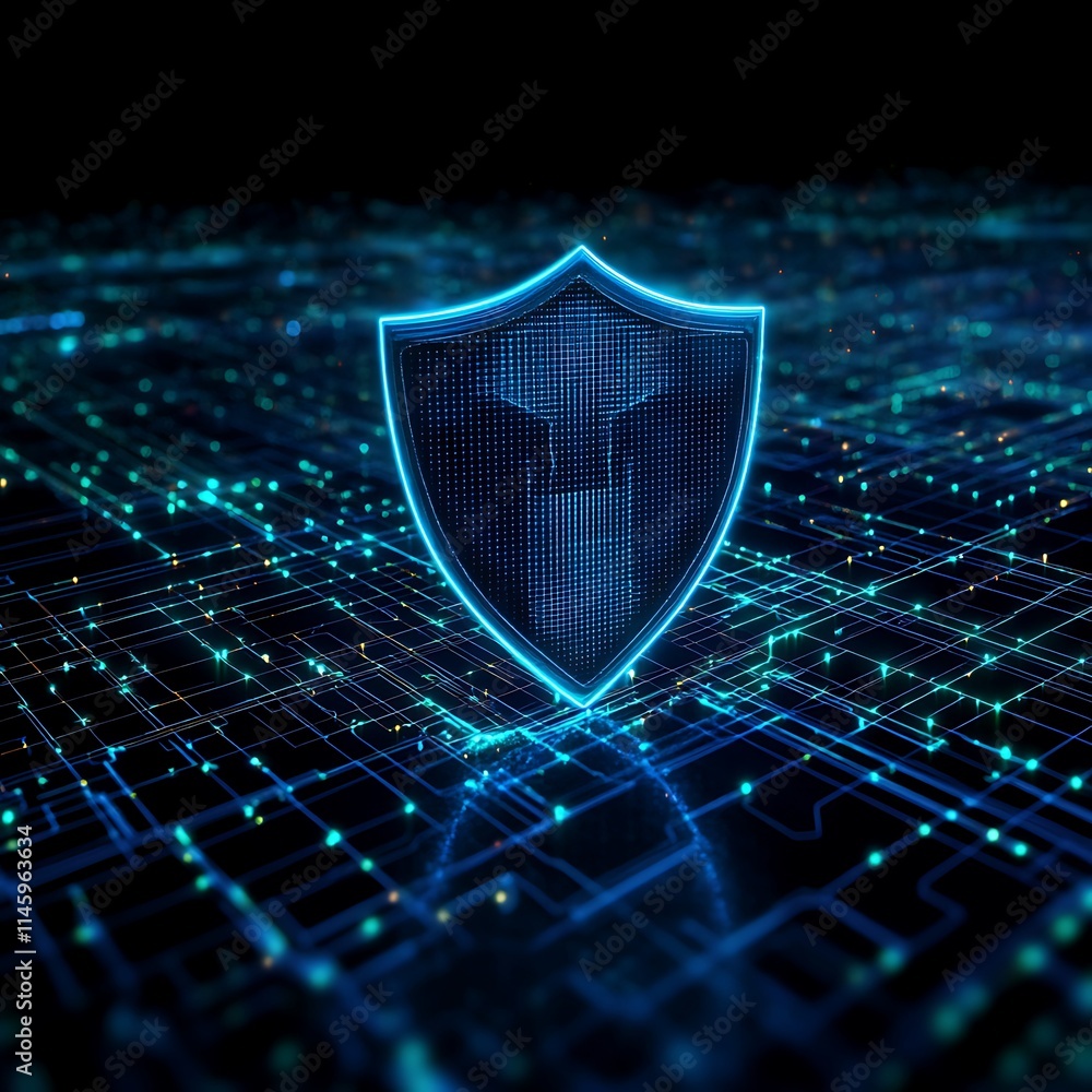 Poster futuristic digital shield against cyber threats in abstract space of data connections and network li