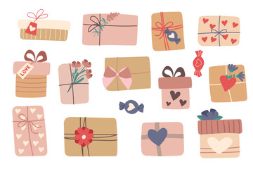 Valentines day, love, mothers day, birthday concept. Set of gift boxes isolated on white. Flat style hand drawn vector clipart. 